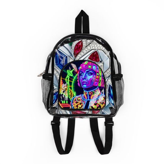 Neon Cyberpunk Portrait Clear Stadium Backpack | Transparent Rave Festival Bag