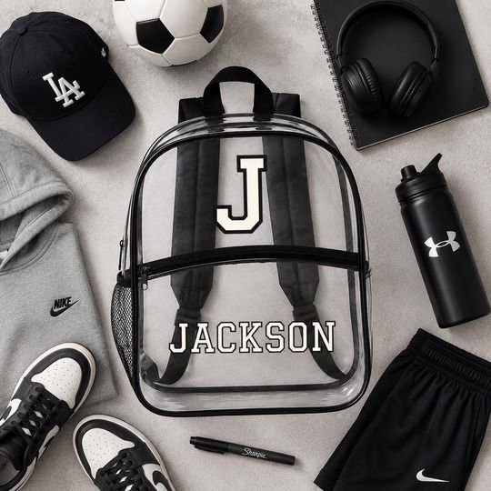 Personalized Name Clear Backpack Gift, Custom Back To School Monogram Initial Bookbag, Clear Concert Stadium Bag, Group Team Sport Backpacks