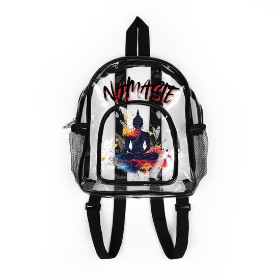 Clear Backpack "Namaste" Buddha Statue, Stadium Approved Clear Bag, Sports Game Essentials, Transparent Mini Backpack, Trendy Festival Bag