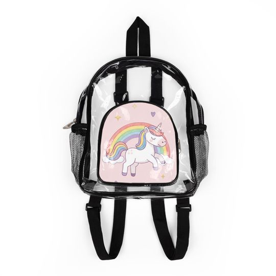 Pink Pastel Rainbow Unicorn Clear Backpack | Stadium Bag, School Friendly