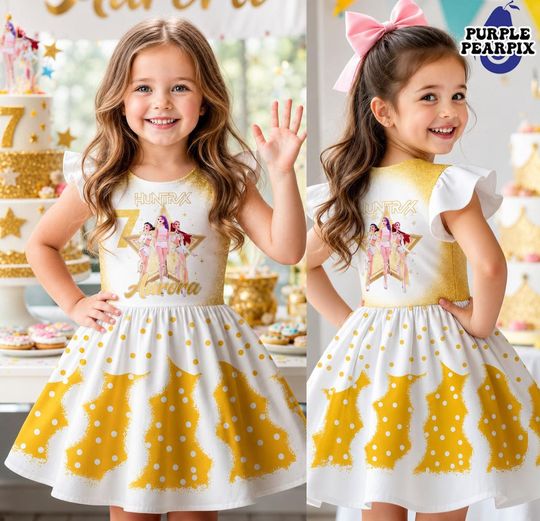Custom Huntrix Birthday Girl Kid Dress, Personalized Kpop K Pop Demon Hunter Birthday Kid Ruffle Sleeve Dress, Gift for Huntrix fan