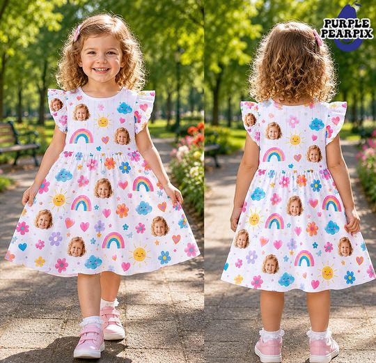 Custom Face Kids Ruffle Sleeve Dress, Personalized Cute Rainbow Kids Ruffle Sleeve Dress, Back to School