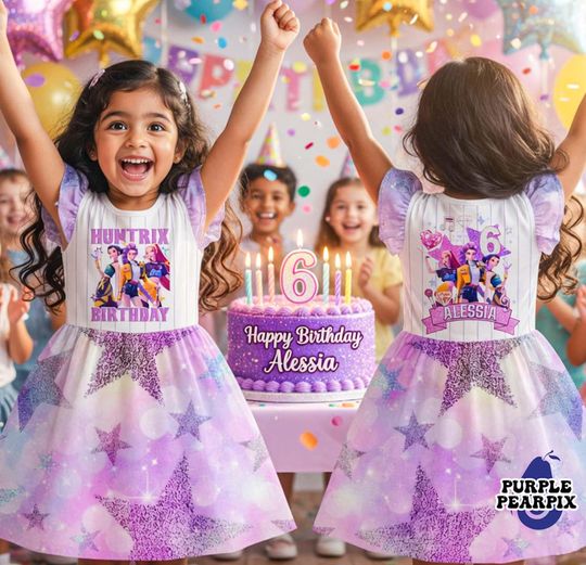 Custom Huntrix Birthday Girl Kids Ruffle Sleeve Dress, Personalized Kpop Demon Hunter Birthday Jersey, Back to School, Gift for Huntrix fan