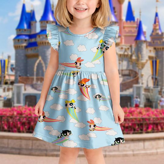 The Powerpuff Girls Ruffle Dress, Cartoon Girls Dress, Cute Birthday Party Outfit, Toddler Ruffle Sleeve Dress