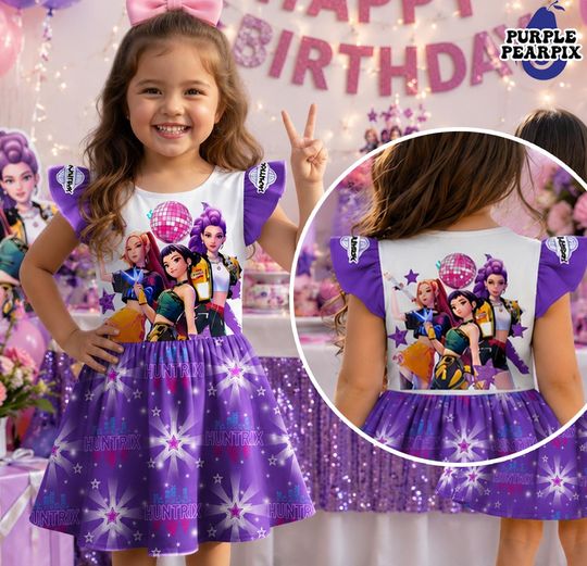 Huntrix Ruffle Sleeve Dress for Kids, Kpop Demon Hunters Dress, Rumi Mira Zoey Party dress, Gift for Huntrix fan