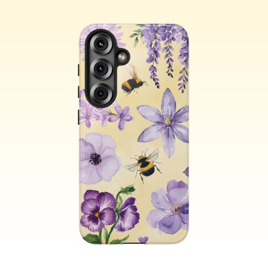 Purple Watercolor Flowers and Bees Samsung Galaxy Case | Samsung 25 24 23 22 21 20 10, PLUS, ULTRA, Phone Cases, Unique Phone Design
