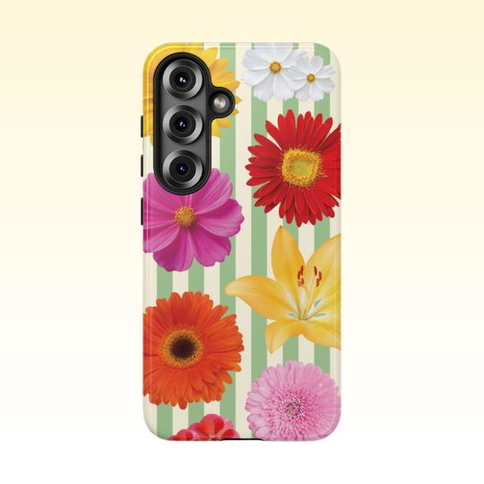 Striped Bright Flowers Samsung Galaxy Case | Samsung 25 24 23 22 21 20 10, PLUS, ULTRA, Phone Cases, Floral Phone Case, Summer Vibes