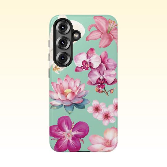 Green Y2K Yoga Flower Vibe Design Samsung Galaxy Case | Samsung 25 24 23 22 21 20 10, PLUS, ULTRA, Phone Cases Floral Phone Case