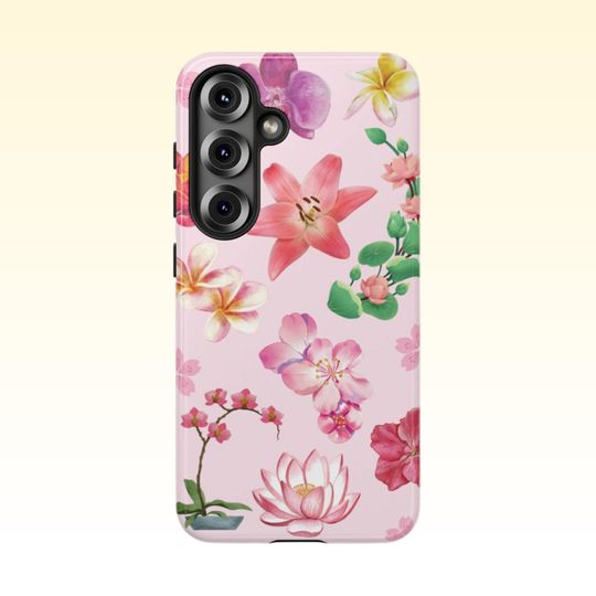Pink Y2K Yoga Flower Vibe Design Samsung Galaxy Case | Samsung 25 24 23 22 21 20 10, PLUS, ULTRA, Phone Cases, Floral Phone Case