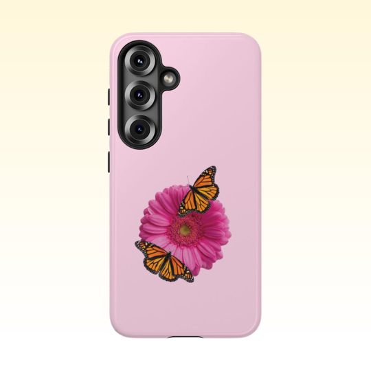 Pink Gerber Daisy, Butterfly Samsung Galaxy Case | Samsung 25 24 23 22 21 20 10, PLUS, ULTRA,  Butterfly Phone Cases, Floral Phone Case