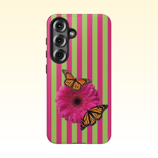Pink and Green Striped Gerber Daisy Samsung Galaxy Case | Samsung 25 24 23 22 21 20 10, PLUS, ULTRA, Tough Phone Cases, Floral Phone Case