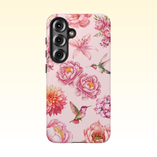 Pink Water Color Flowers, Humming Birds Samsung Galaxy Case | Samsung 25 24 23 22 21 20 10, PLUS, ULTRA, Floral Phone Case, Pink Phone Case