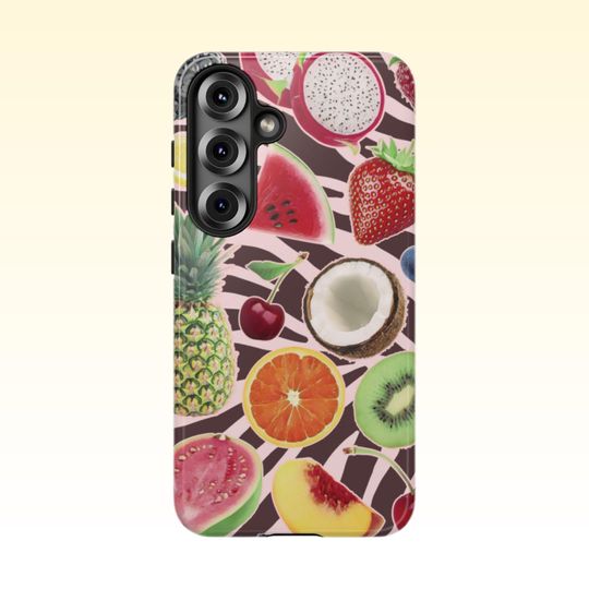Y2k Brown and Pink Zebra Print, Fruit Samsung Galaxy Phone Case | Samsung 25 24 23 22 21 20 10, PLUS, ULTRA, Y2k Phone Case, FruitPhone Case