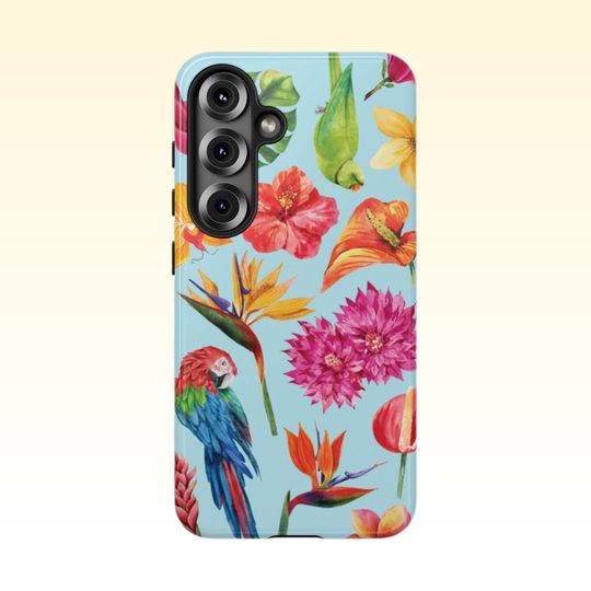 Tropical Flowers and Parrots Samsung Galaxy Case | Samsung 25 24 23 22 21 20 10, PLUS, ULTRA, Floral Phone Case, Parrot Phone Case