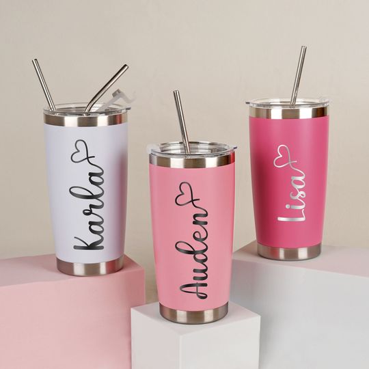 Personalized 20oz Engraved Tumbler, Custom Name Travel Mug, Stainless Steel Cups, Insulated Bridesmaid Tumbler, Tumbler with Straw