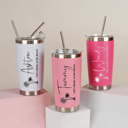 Personalized 20oz Holiday Tumbler, Custom Travel Mug, Beach Tumbler, Stainless Steel Mug, Girls Weekend Gift, Laser Engraved Tumbler