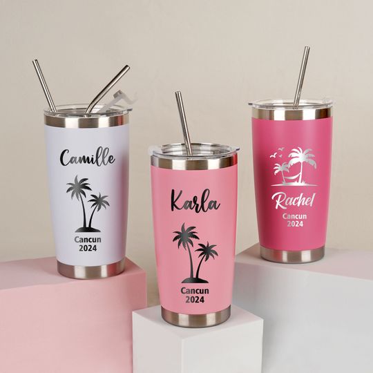 Personalized Vacation Skinny Tumbler, Girl's Weekend Cups, Beach Trip Water Bottle, Custom Travel Mug with Straw, Bachelorette Gift