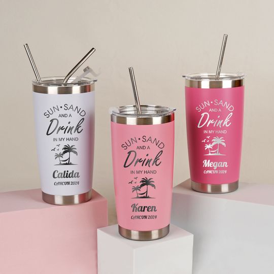 Personalized Beach Tumbler for Girl's Trip, Custom Holiday 20 OZ Tumbler, Girl's Weekend Gift, Laser Engraved Cup, Stainless Steel Cup