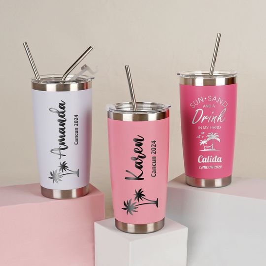 Custom Girl's Trip Tumbler, Travel Mug, Personalized 20 oz Name Tumbler, Stainless Steel Cup Straw, Bridesmaid Gift, Birthday Cups