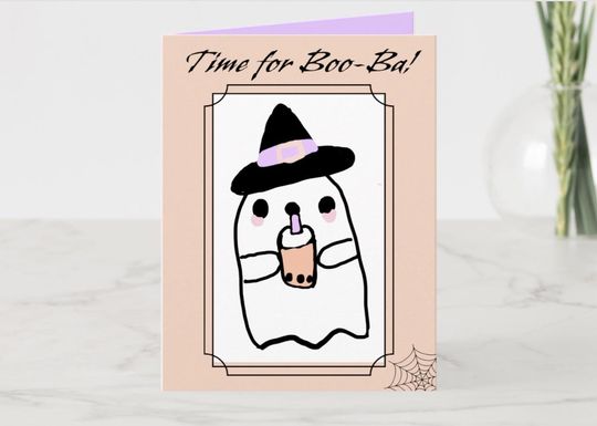 Ghost Witch Boba Halloween Card - Kawaii Greeting Card - Time For Boo-Ba! - Father's Day Card