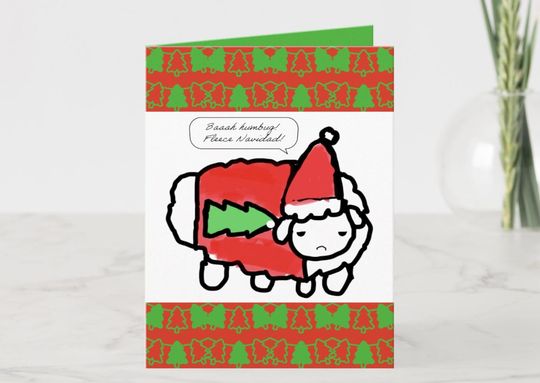 Grumpy Sheep Christmas Card - Kawaii Greeting Card - Baaah Humbug! Fleece Navidad!