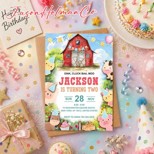 Farm Animals Birthday Invitation, Barn Yard Party Invite, Oink Cluck Baa Moo Bday Card