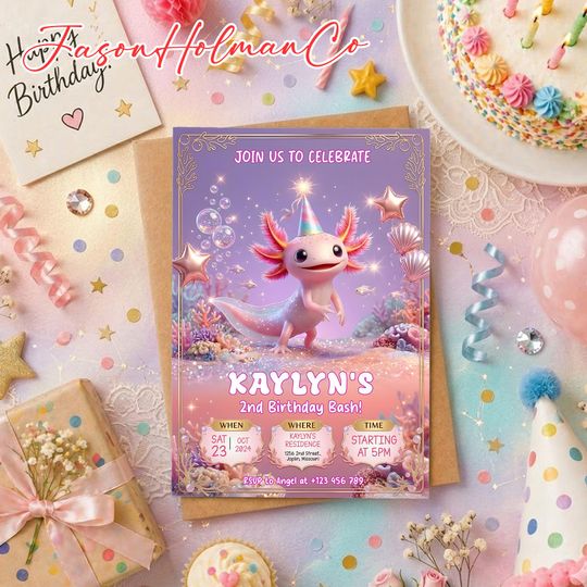 Axolotl Birthday Invitation, Cute Pink Salamander Girl Party Invite, Under the Sea Birthday Card