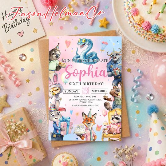 Zootopia Birthday Card Invitation, Girl Animal Movie Party Invite Card, Girl Birthday Invite
