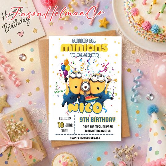 Cartoon Birthday Invitation, Yellow Party Invite, Children's Birthday Cards