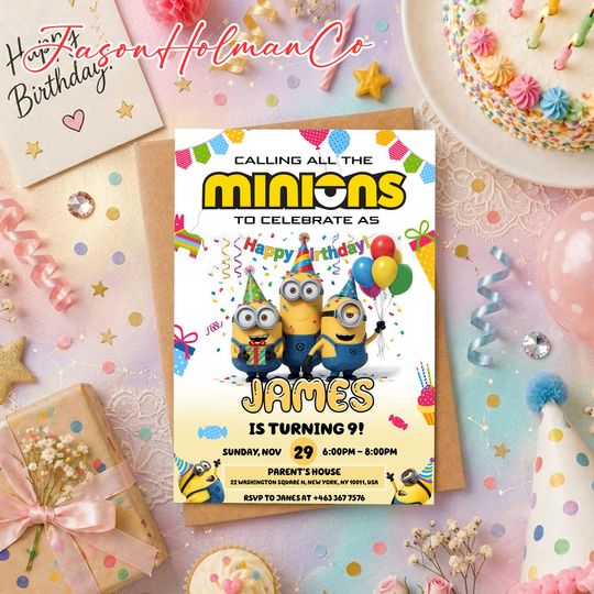 Cartoon Birthday Invitation, Yellow Party Invite, Children's Birthday Cards