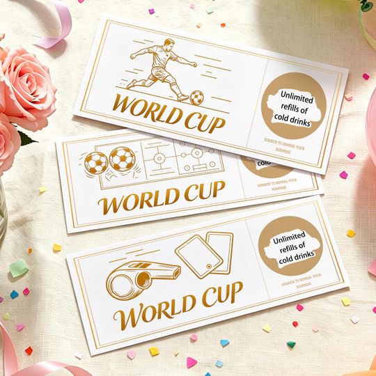 Soccer World Cup Scratch Cards, Party Surprise Reveal Tickets, Game Night & Sports Fan Favor Cards for Watch Parties