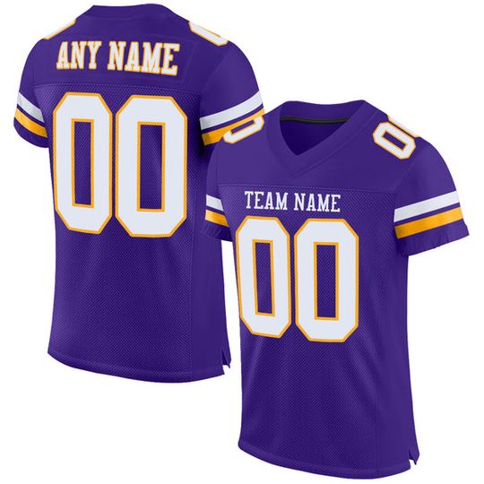 Custom Purple White-Gold Mesh Football Jersey