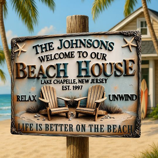 Beach House Entrance Metal Sign - Personalized Family Gift