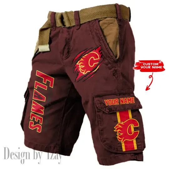 Calgary Flames Pocket Print Cargo Shorts (Belt Not Included)