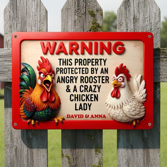 Funny Angry Rooster and Chicken Lady Metal Sign Personalized Gift
