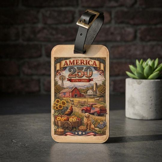 America 250 Rural Scene Luggage Tag | Patriotic Vintage Farm Artwork