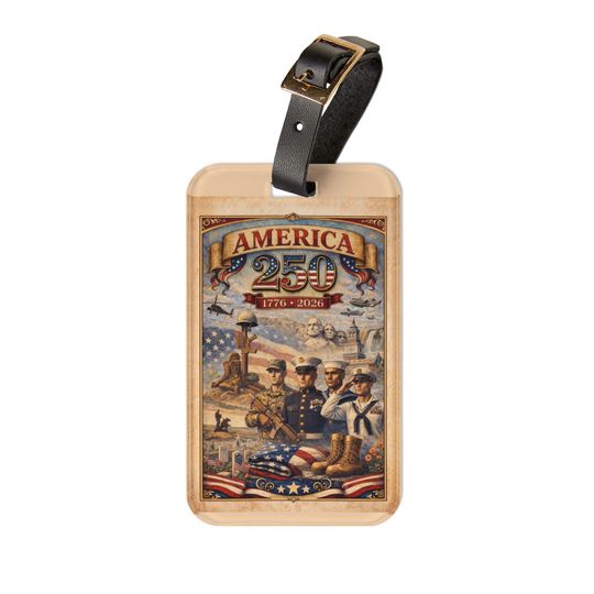 America 250th Anniversary Luggage Tag | Patriotic Vintage Military Collage