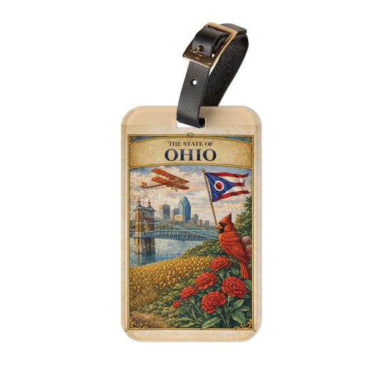 Ohio State Vintage Travel Luggage Tag | Cardinal, Skyline, State Flag