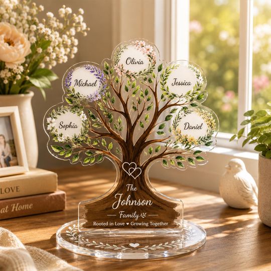 Personalized Family Tree Acrylic Plaque, Custom Family Name Sign, Acrylic Spinning Standee Gift for Mom Grandma Family Decor