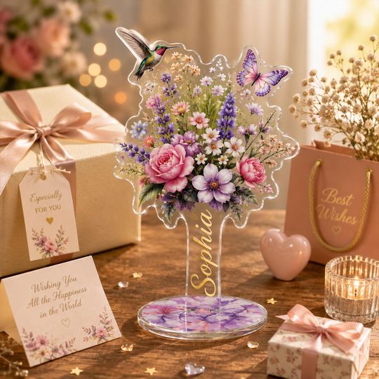 Personalized Acrylic Spinning Standee, Custom Floral Acrylic Plaque, Hummingbird Butterfly Garden Decor Gift for Mom Grandma Her