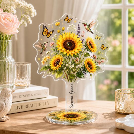 Personalized Sunflower Acrylic Spinning Standee, Custom Floral Acrylic Plaque, Hummingbird Butterfly Desk Decor, Sunflower Lover Gift