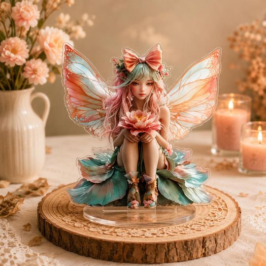 Fairy Acrylic Standee, Fantasy Fairy Desk Decor, 2D Acrylic Figurine, Whimsical Floral Display, Fairy Gift for Collectors