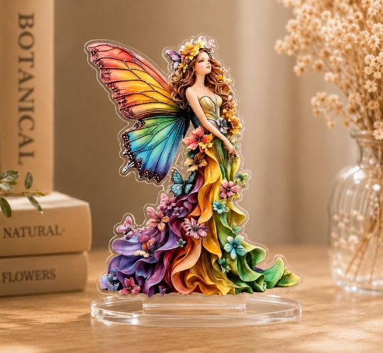Rainbow Butterfly Fairy Acrylic Standee, Fantasy Desk Decor, Floral Wings Anime Figure