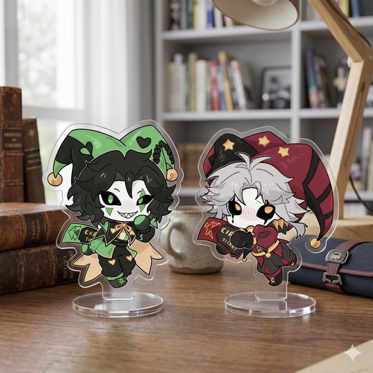 The Freak Circus Acrylic Standee Jester Figure-Harlequin Desk Decoration-8cm Anime Style Acrylic Stand-RedorGreen Option Weirdcore Aesthetic