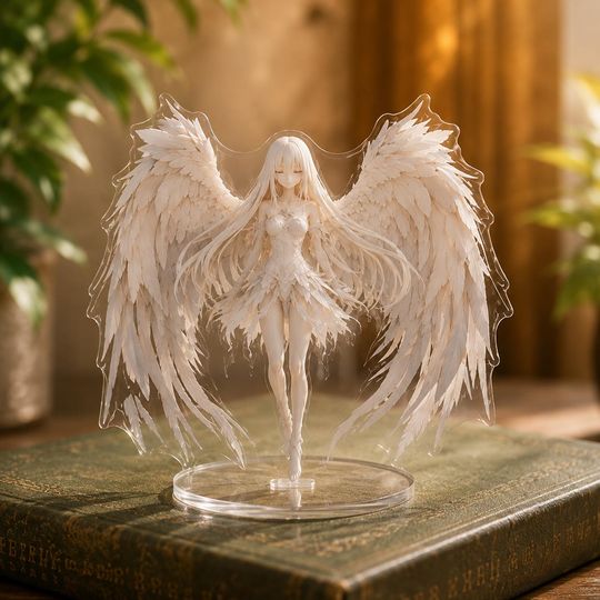 White Angel Acrylic Standee, Celestial Fantasy Anime Desk Decor, Ethereal Winged Ornament
