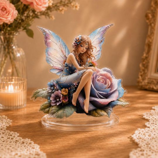 Fairy Acrylic Standee, Fantasy Flower Fairy Desk Decor, 2D Acrylic Fairy Figurine, Rose Fairy Ornament,  Cottagecore Decor