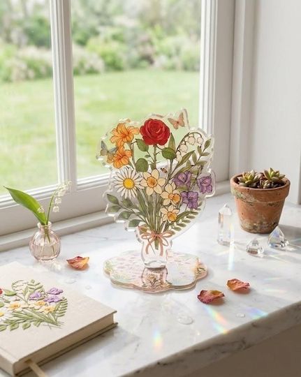 Personalized Moms Garden Acrylic Spinning Standee, Custom Birth Flower Bouquet Kids Names Acrylic Standee, Coquette Floral Desk Decor