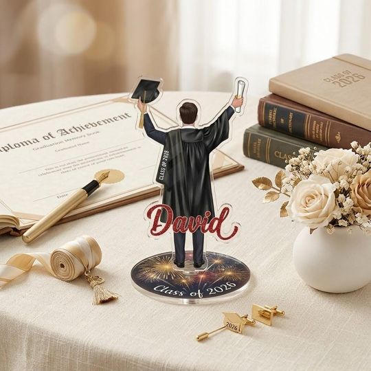 Personalized Graduation Acrylic Spinning Standee, Custom Red Name Grad, Class of 2026 Congrats Standee Gift for Him
