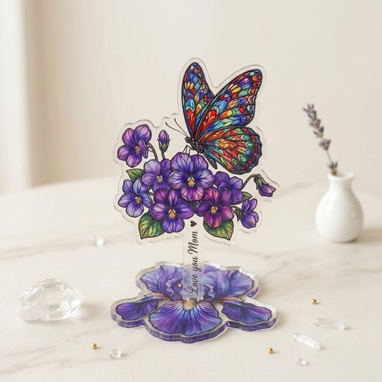 Personalized Love You Mom Acrylic Spinning Standee, Custom Name Butterfly Pansy Flower Standee , Purple Floral Gift