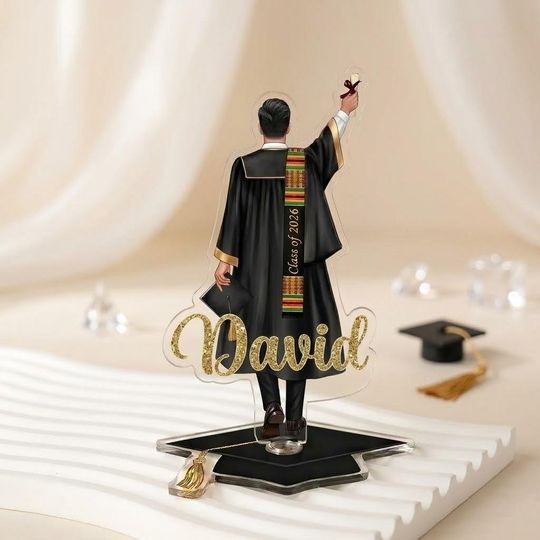 Personalized African American Senior Acrylic Spinning Standee, Class of 2026 African Grad Standee, Custom Boy With Kente Graduation Stole
